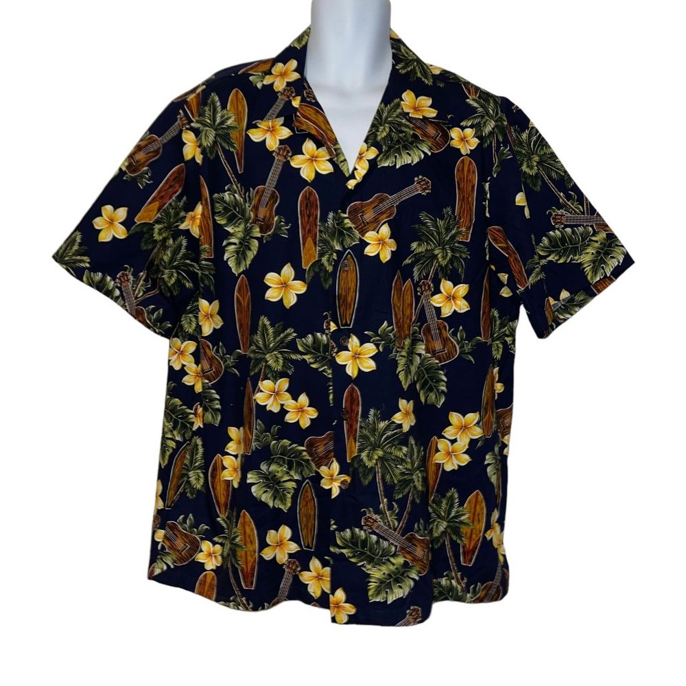 RJC Hawaiian Shirt Mens XL Surfboard Board Navy Floral Aloha Vacation Plumeria
